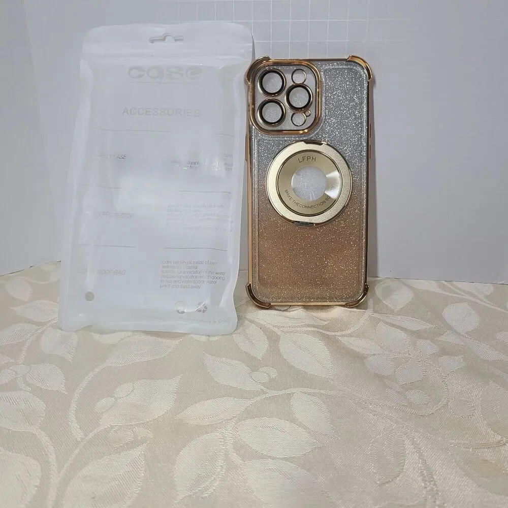 Case For iPhone 14 Pro Max Gold Silver Glitter Bling with Ring Holder